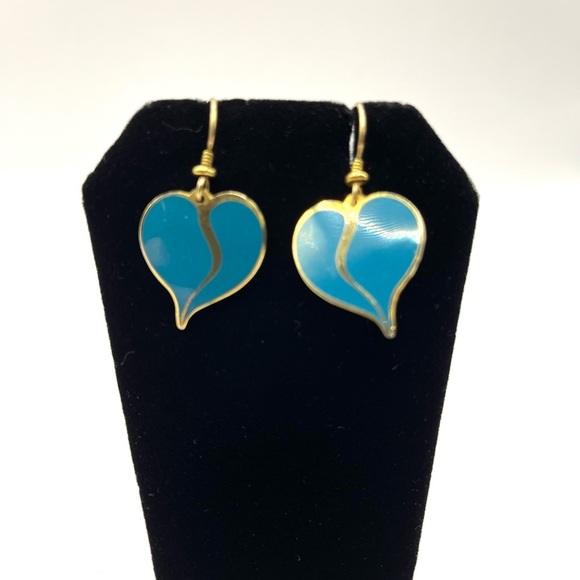 Laurel Burch Blue and Gold Heart Earrings Gold Plated Fish Hook Earrings - Picture 1 of 10